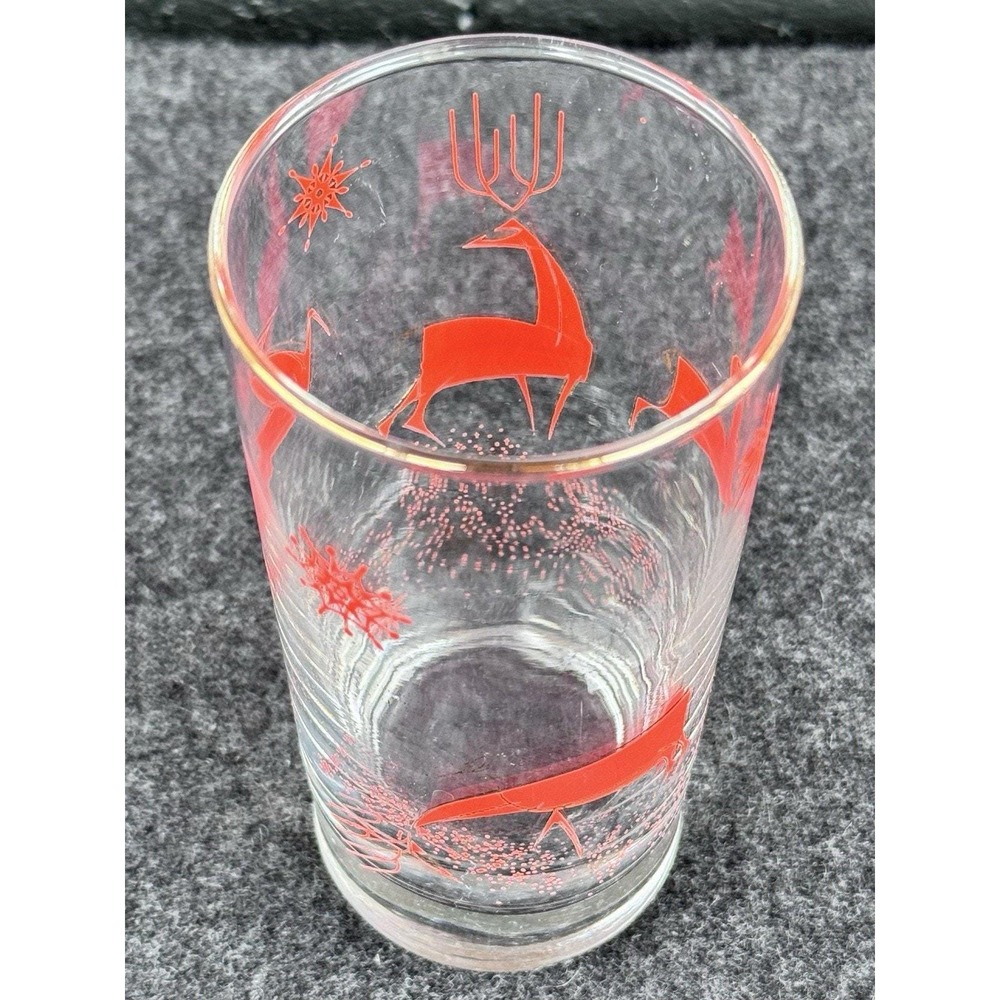 6 Rare Vintage MCM Libbey Atomic Christmas Reindeer Red Gold Highball Glasses - Picture 7 of 7
